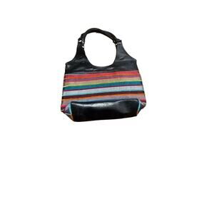 Moroccan Black Leather & Woven Handmade Multicolored Material 15” Purse Handbag